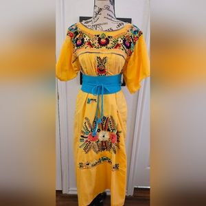Vintage Boho 1960's Style Yellow  Embroidered Mexican Oaxaca Dress with Belt S/M